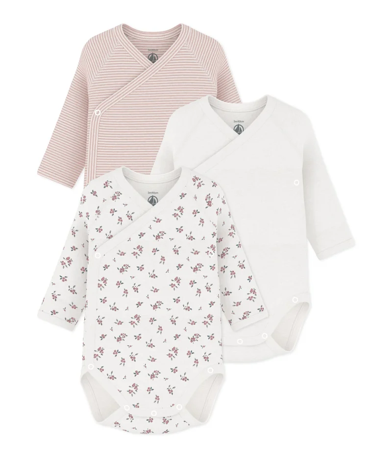 Petit Bateau Pack Of Babies' Long-Sleeved Printed Cotton Wrapover Bodies