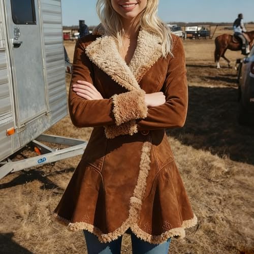 utcoco Womens Sherpa Lined Suede Jacket 2025 Fall Fashion Outfits Slim-Fit Faux leather Fleece Jackets Winter Coats (Small, Brown) - Image 3