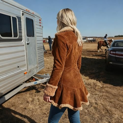 utcoco Womens Sherpa Lined Suede Jacket 2025 Fall Fashion Outfits Slim-Fit Faux leather Fleece Jackets Winter Coats (Small, Brown) - Image 5
