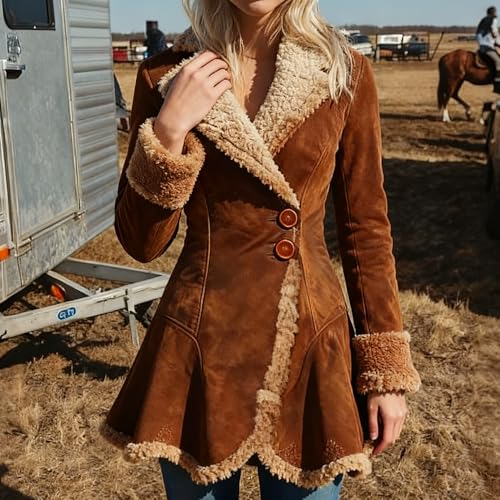 utcoco Womens Sherpa Lined Suede Jacket 2025 Fall Fashion Outfits Slim-Fit Faux leather Fleece Jackets Winter Coats (Small, Brown) - Image 2