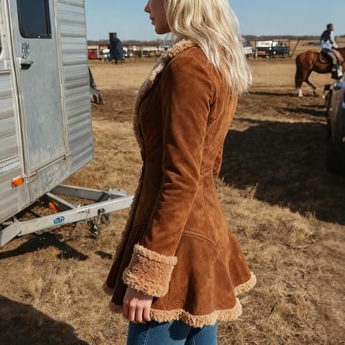 utcoco Womens Sherpa Lined Suede Jacket 2025 Fall Fashion Outfits Slim-Fit Faux leather Fleece Jackets Winter Coats (Small, Brown) - Image 4