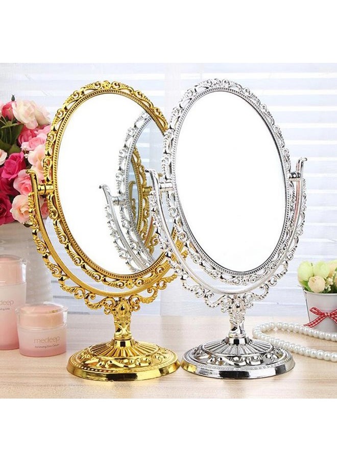 guppy Desktop Antique Vintage European Style Two Sided Swivel Oval Tabletop Vanity Makeup Mirror with Embossed Hollow Flower Shiny Pedestal(Gold)  - Image 2