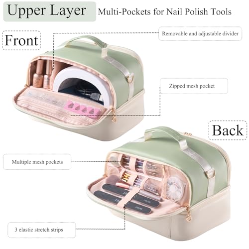 CTWWFS Nail Polish Organizer Holds 35 Bottles & Nail Lamp, Nail Organizers and Storage, Double Layer Nail Bag with Handle & Shoulder Strap for Travel, Nail Supplies Organizer for Manicure Kit (Green+Beige) - Image 3