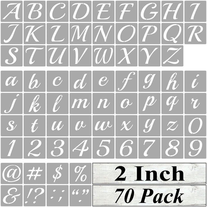 REOLAN 2 Inch Alphabet Letter Stencils for Painting - 70 Pack Letter and Number Stencil Templates with Signs for Painting on Wood, Reusable Cursive Letters Stencils for Chalkboard Wood Signs & Wall Art - Image 1