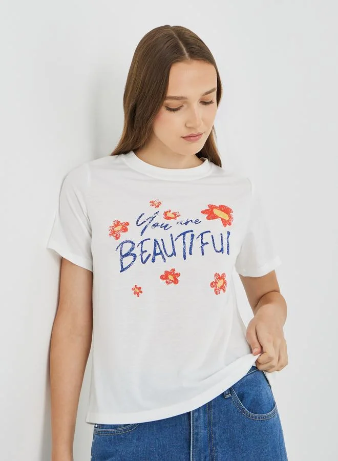 تايك تو Take Two Slogan Print Short Sleeve T-Shirt