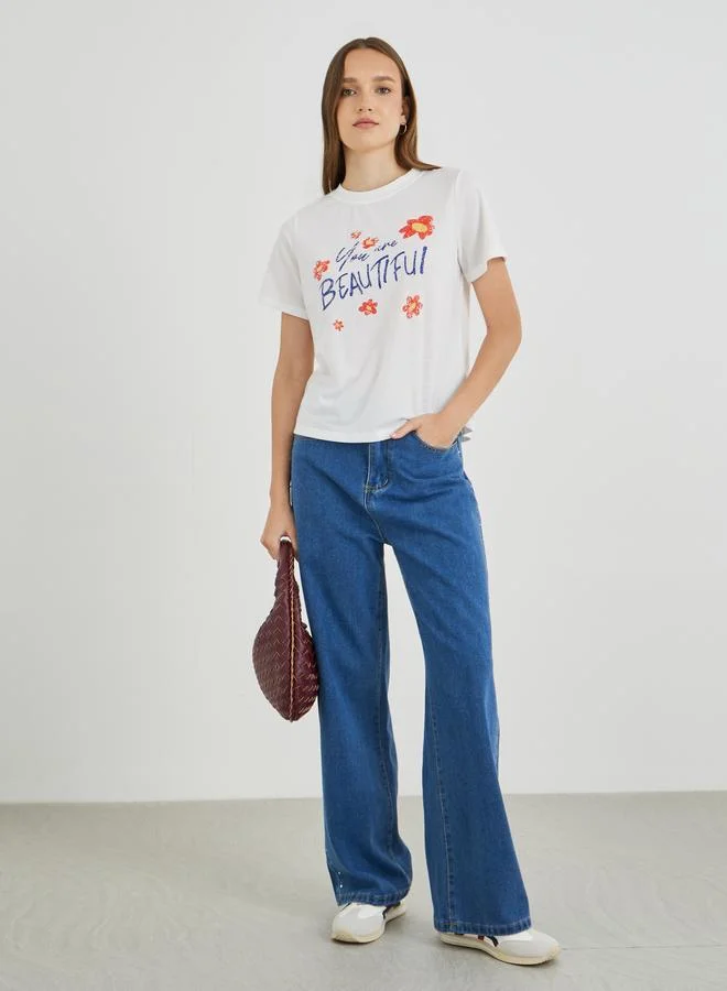 تايك تو Take Two Slogan Print Short Sleeve T-Shirt