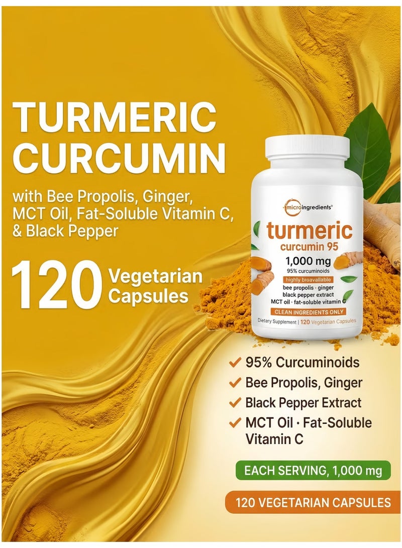 Micro Ingredients 120 Capsules High Absorption Turmeric Curcumin Capsules, 95% Curcuminoids Content, Added Black Pepper Extract to Enhance Absorption, Combined with Bee Propolis, Ginger & MCT Oil, Supports Joint Health & Antioxidant, Vegan Dietary Supplement - Image 2