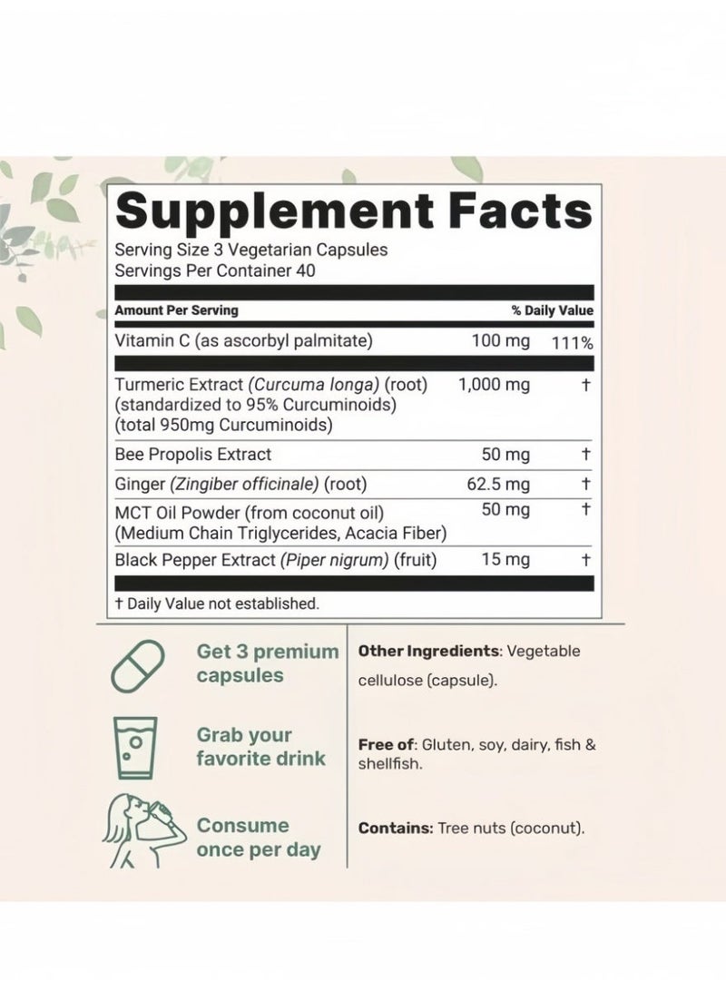 Micro Ingredients 120 Capsules High Absorption Turmeric Curcumin Capsules, 95% Curcuminoids Content, Added Black Pepper Extract to Enhance Absorption, Combined with Bee Propolis, Ginger & MCT Oil, Supports Joint Health & Antioxidant, Vegan Dietary Supplement - Image 4