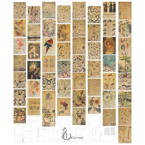 CATaireen Vintage Kraft Paper Wall Room Aesthetic Decor Posters 54pcs Collage Kit Scrapbook Background Picture Sets Art Junk Journal Ephemera Decoupage Items 16pcs Envelope Pattern Template Stickers - Image 1