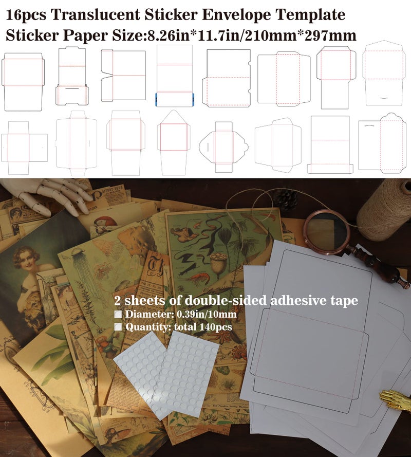 CATaireen Vintage Kraft Paper Wall Room Aesthetic Decor Posters 54pcs Collage Kit Scrapbook Background Picture Sets Art Junk Journal Ephemera Decoupage Items 16pcs Envelope Pattern Template Stickers - Image 2