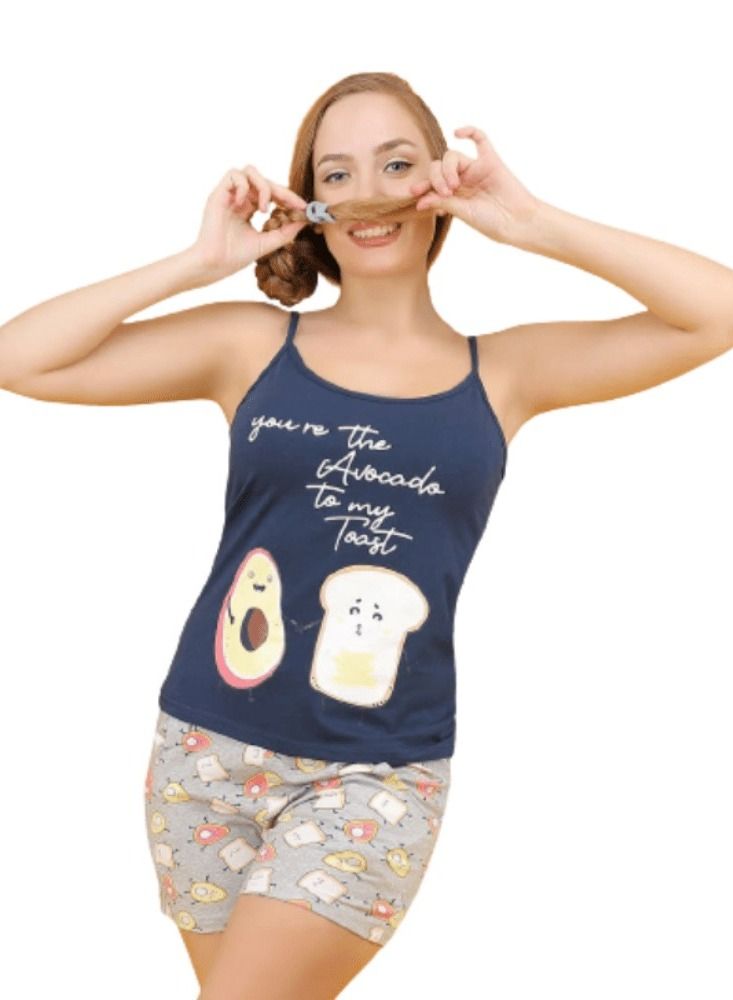 جنة طقم هوت شورت قطن بطبعات وحماله رفيعه منزليه للنساء