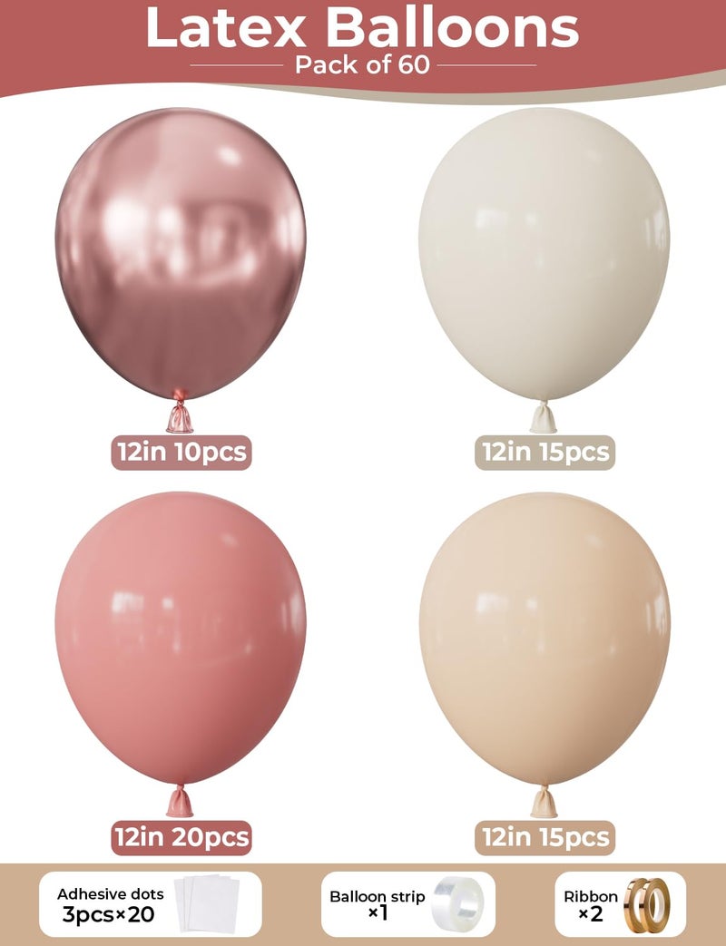 Haolongfa Retro Blush Pink Balloons, 60 Pcs 12 Inch Dusty Pink Metallic Chrome Rose Gold Beige Ivory White for Wedding, Baby Shower, Birthday, Bridal Shower, Boho Party Decorations - Image 2