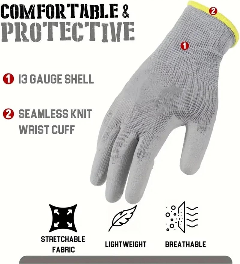 Compatible for 2/6 Pairs PU Coated Anti-Slip Work Gloves Seamless Knit Safety Gloves for Mechanic, Construction & Warehouse Use(PU120 Gray 2Pairs,Large) - Image 3
