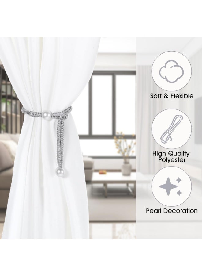 8Pcs Adjustable Pearl Decorative Curtain Tiebacks Silver Rope Buckle Window Drape Cord Holders Multi Use For Home Hotel Office Window Curtains - Image 3