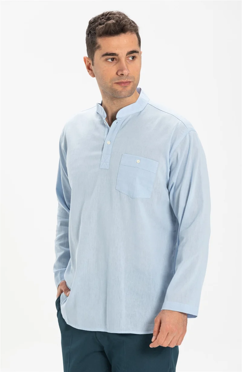 Eliş Şile Bezi Uzun Kol Şile Bezi Tek Cepli Hakim Yaka Erkek Tshirt Buz Mavi 3027