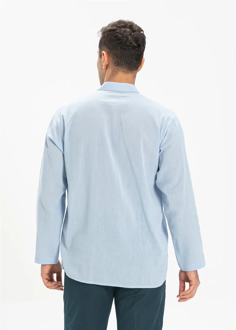 Eliş Şile Bezi Uzun Kol Şile Bezi Tek Cepli Hakim Yaka Erkek Tshirt Buz Mavi 3027