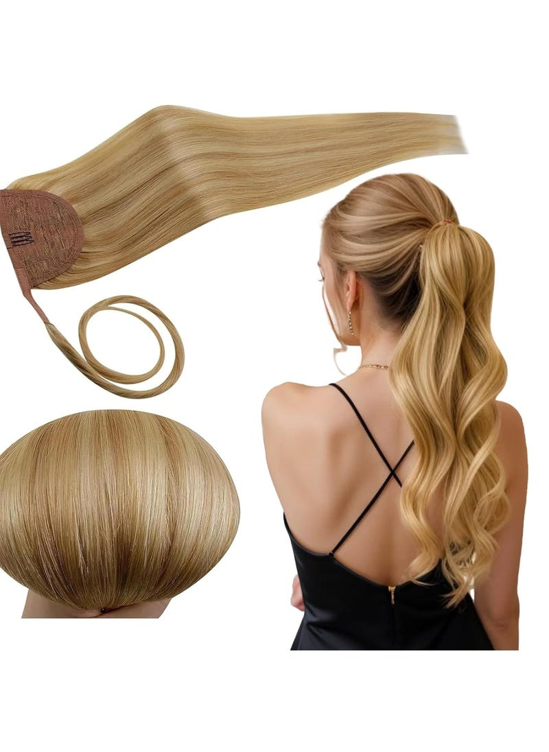 RUNATURE RUNATURE Blonde Human Hair Ponytail Short Ponytail Extension Human Hair Golden Blonde Highlight Light Blonde Ponytail Human Hair Extensions Wrap Around Real Hair Pony Tails Straight 12 Inch 70g 