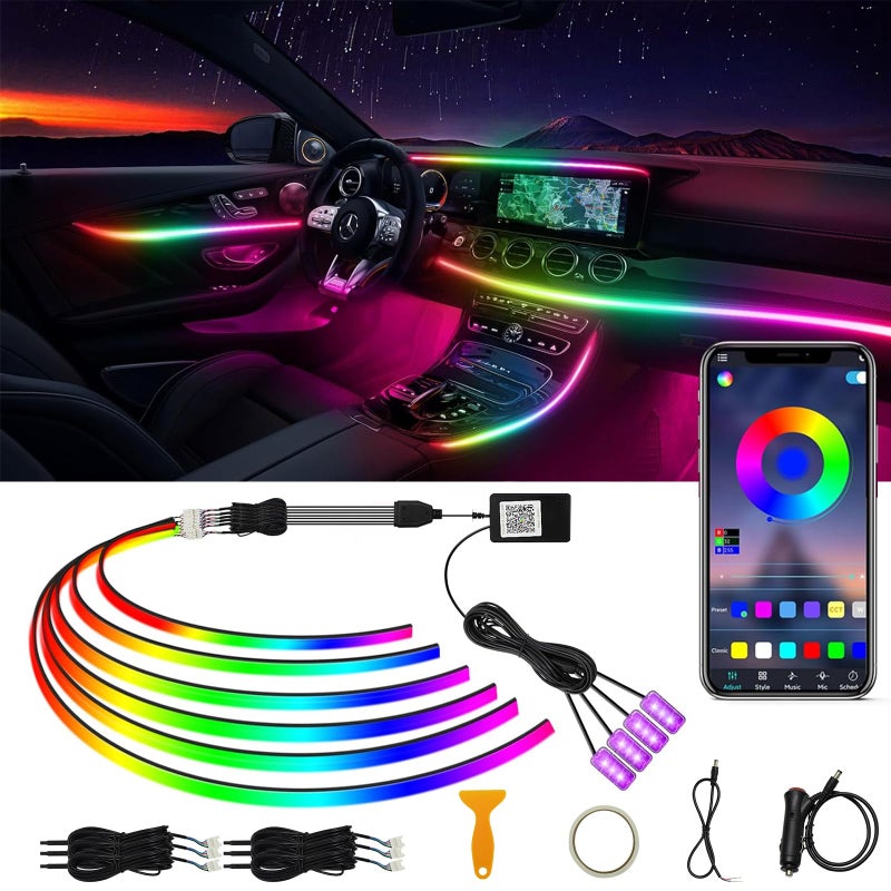 Acrylic Interior Car LED Strip Light RGB Dreamcolor 10 in1 with Wireless APP 175 inches 593 LED 16 Million Color Fiber Optic Automotive Ambient Light Kits Music Sync Sound Activated Car Neon Lights
