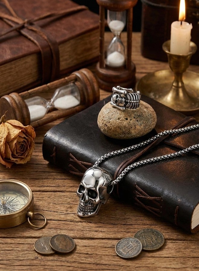 xinxingin 2 Pcs Gothic Rings with Skull Skeleton Open Ring and Skull Pendant, Gothic Style Jewelry for Men, Fashion Accessory for Night Out and Casual Wear - Image 3
