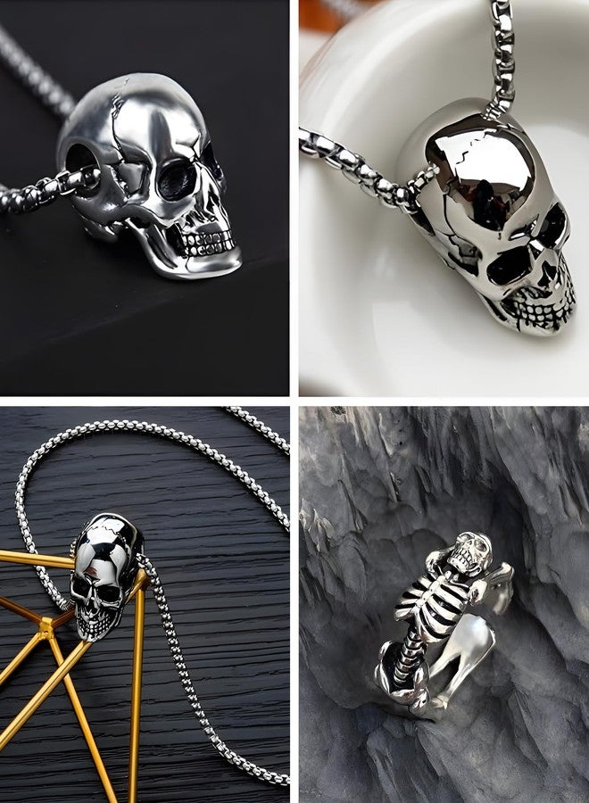 xinxingin 2 Pcs Gothic Rings with Skull Skeleton Open Ring and Skull Pendant, Gothic Style Jewelry for Men, Fashion Accessory for Night Out and Casual Wear - Image 2