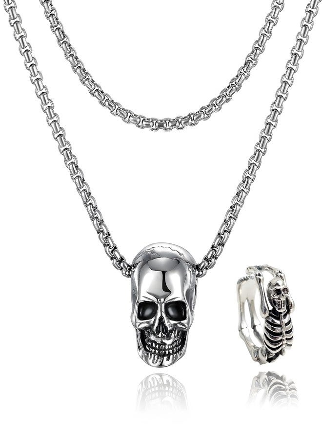 xinxingin 2 Pcs Gothic Rings with Skull Skeleton Open Ring and Skull Pendant, Gothic Style Jewelry for Men, Fashion Accessory for Night Out and Casual Wear - Image 1