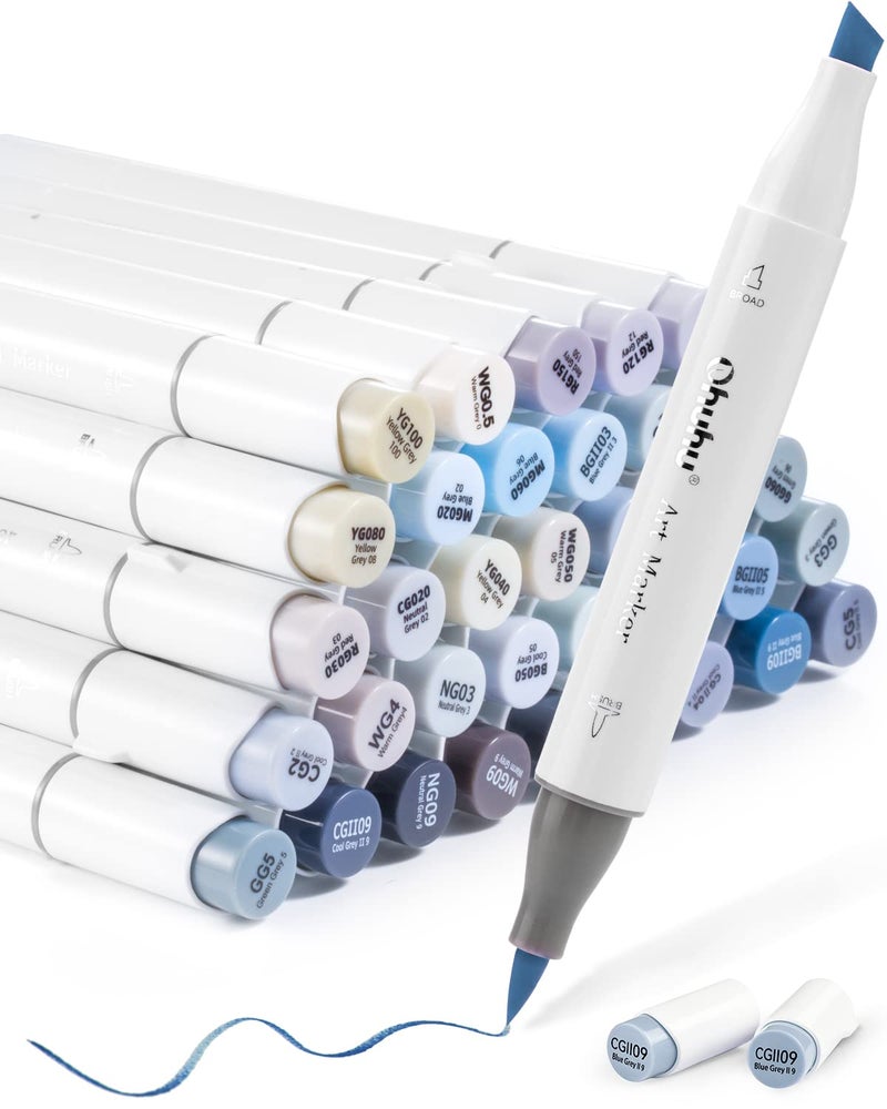 Ohuhu Grayscale Alcohol Markers Brush Tip- Double Tipped Alcohol Based Art Marker Set for Artist Adults Coloring Illustration Shading Layering- 36 Grey-tone Colors- Chisel& Brush- Honolulu- Refillable - Image 1