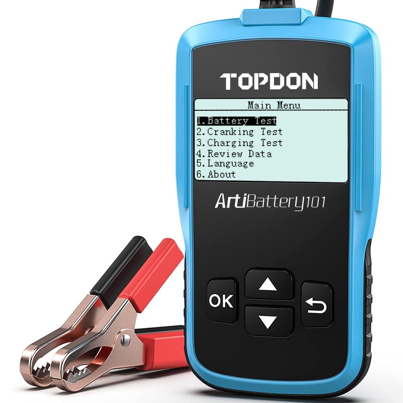Topdon جهاز اختبار بطارية السيارة TOPDON AB101 12V جهاز اختبار تحميل بطارية السيارة على أنظمة التشغيل والشحن 1002000 CCA محلل مولد السيارات للسيارات وSUV والشاحنات الخفيفة مع أنواع AGM المغمورة والجلية
