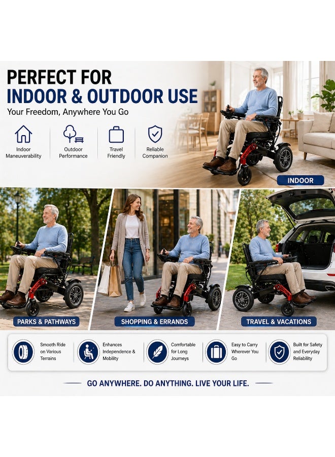Enjoycare EPW601A Lightweight Electric Wheelchair, Aluminum Frame, 130kg Capacity, 40km Range, Foldable Design, Dual 250W Motors, Red - Image 2