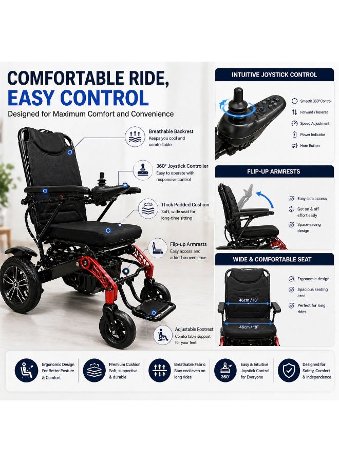 Enjoycare EPW601A Lightweight Electric Wheelchair, Aluminum Frame, 130kg Capacity, 40km Range, Foldable Design, Dual 250W Motors, Red - Image 4