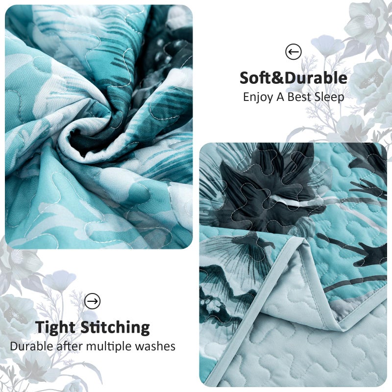 Drucon Blue Floral Quilt Set King Size 3 Pieces Boho Flower Quilt Coverlet Set Soft Microfiber Lightweight Floral Quilted Bedspread with 2 Pillow Shams for All Season 90"x104" - Image 5