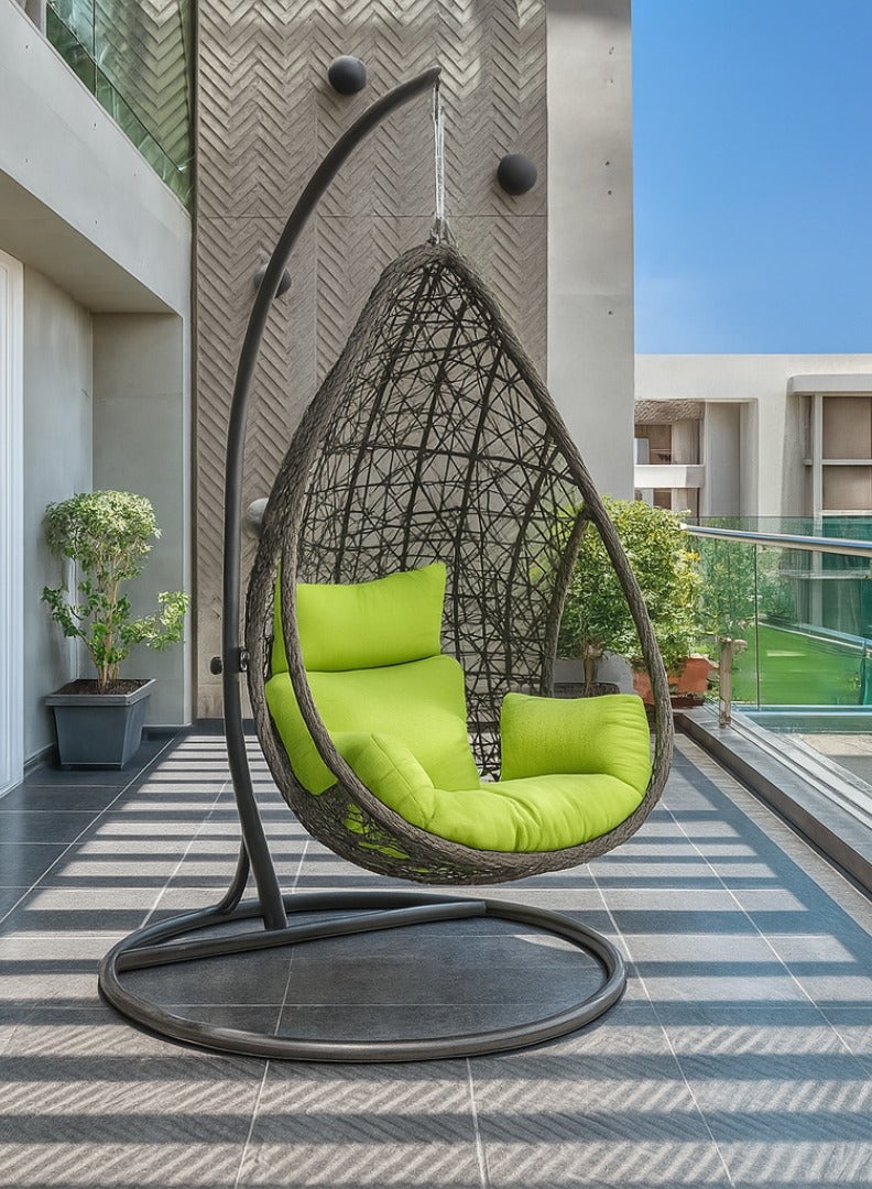 Wooden Twist Waterdrop Waterproof Rattan Outdoor Hanging Egg Swing Chair With Stand & Breathable Cushion - Image 1