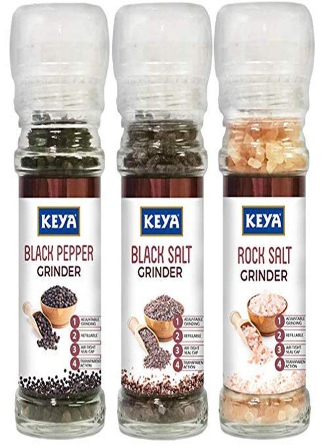 KEYA Premium Combo – Black Pepper Grinder (50g), Black Salt Grinder (100g), and Rock Salt Grinder (100g) – Convenient Twist-Top Grinders for Easy Seasoning, Cooking & Garnishing | Perfect for Every Kitchen - Image 1