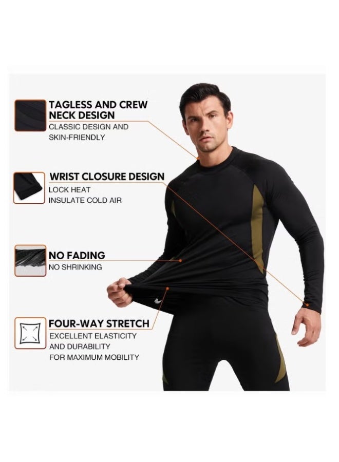 أطقم ملابس داخلية حرارية للرجال، قميص وسروال طويل، مصنوعة من الفليس، سريعة الجفاف، طبقة أساسية حرارية - أسود - Image 2
