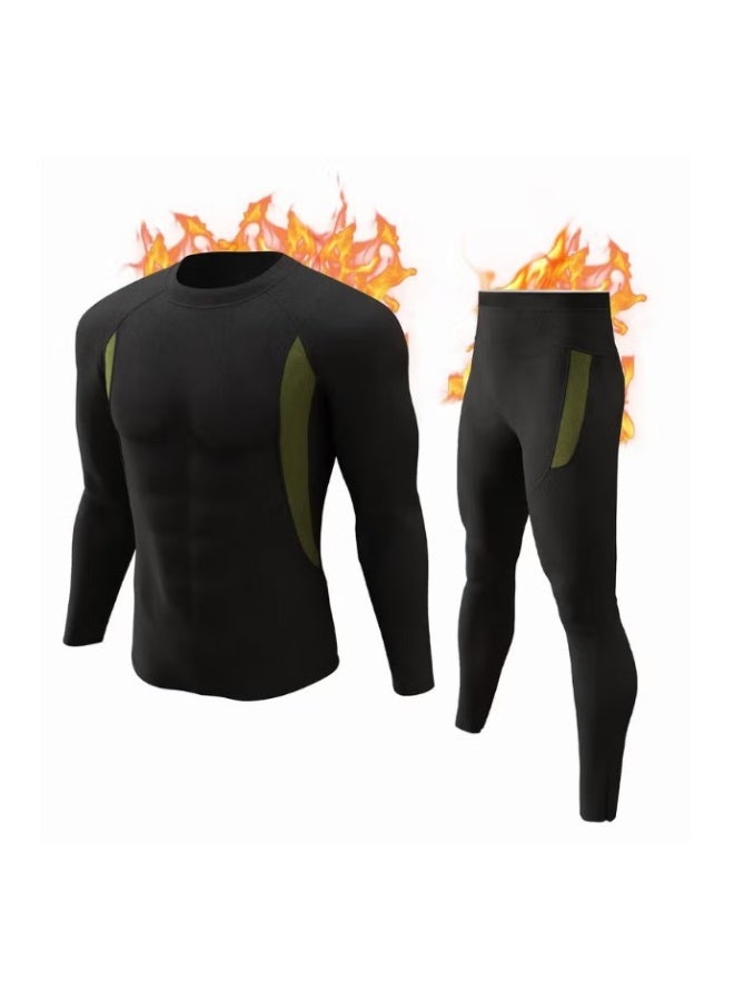 أطقم ملابس داخلية حرارية للرجال، قميص وسروال طويل، مصنوعة من الفليس، سريعة الجفاف، طبقة أساسية حرارية - أسود - Image 1