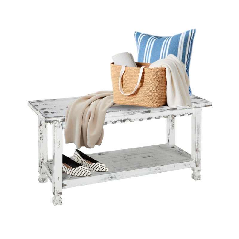 Alaterre Furniture Country Cottage 36Inch Farmhouse Entryway Bench with Storage Shelf  Solid Pine Wood Bench in Distressed White for Hallway Bedroom or Mudroom by Alaterre Furniture