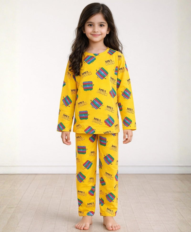 ANTHRILO Pajama T-Shirt Set for Girls & Toddlers Pack of 2 | Age 9-10 Years, Full Sleeves Cotton T-Shirt Pajama for Kids | Pop It Print, Comfortable & Regular Slim Fit, Yellow - Image 2