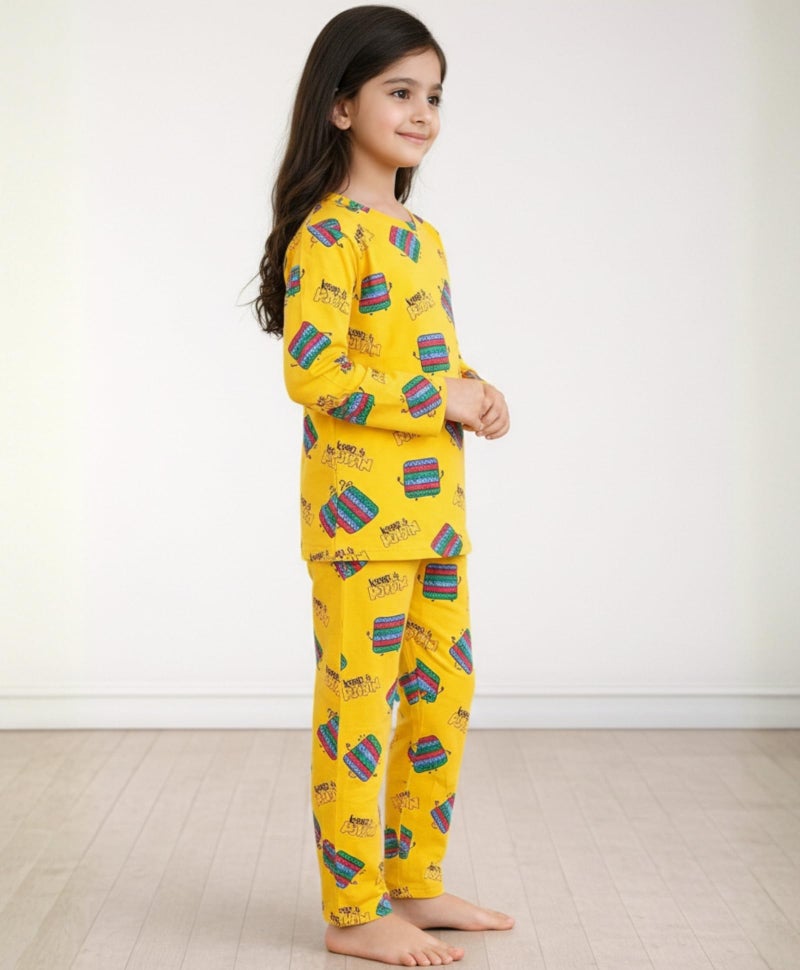 ANTHRILO Pajama T-Shirt Set for Girls & Toddlers Pack of 2 | Age 9-10 Years, Full Sleeves Cotton T-Shirt Pajama for Kids | Pop It Print, Comfortable & Regular Slim Fit, Yellow - Image 4
