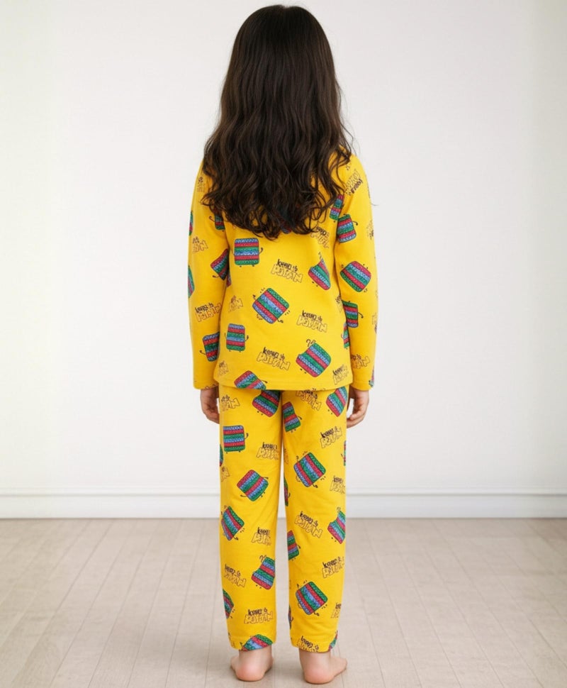 ANTHRILO Pajama T-Shirt Set for Girls & Toddlers Pack of 2 | Age 9-10 Years, Full Sleeves Cotton T-Shirt Pajama for Kids | Pop It Print, Comfortable & Regular Slim Fit, Yellow - Image 3