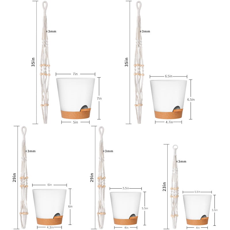 GARDIFE Hanging Planters for Indoor Plants,5Pcs Hanging Basket for Indoor Boho Home Decor,Macrame Plant Hanger,35 Inches,29Inch,23Inch, Ivory,Self Watering Planters, 7/6.5/6/5.5/5 Inch,White&White - Image 5