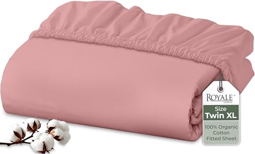 Royale Linens 100% Organic Cotton Fitted Sheet - Percale Weave - Super Soft Deep Pocket Bottom Sheets - White Elastic Sheet Twin XL Size - Twin XL Fitted Sheets Only - (39"x80"+15", Pink)