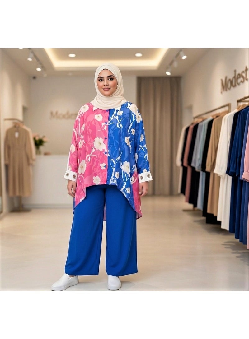 Chiffon blouse and cotton jean pants set, size Large (plus size), suitable for weight up to 85 kg - Image 1