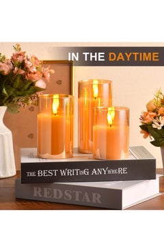 JAJEEK LED Glass Pillar Candles Flameless – Real Wax with Flickering Wick, Battery Operated, Remote Control & Timer for Home Decor, Weddings, Festivals (Pack of 3), Gold  - Image 2