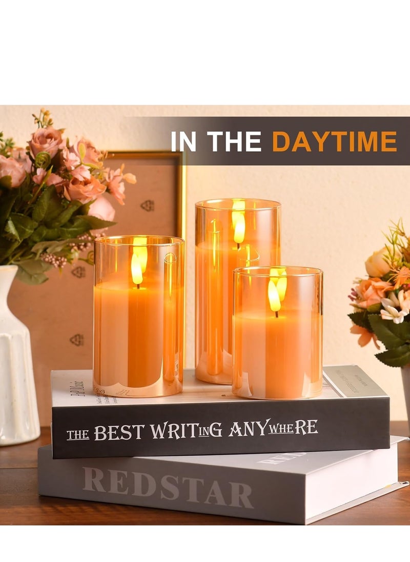 JAJEEK - LED Glass Pillar Candles Flameless – Real Wax with Flickering Wick, Battery Operated, Remote Control & Timer for Home Decor, Weddings, Festivals (Pack of 3), Gold - Image 1
