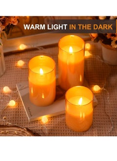 JAJEEK LED Glass Pillar Candles Flameless – Real Wax with Flickering Wick, Battery Operated, Remote Control & Timer for Home Decor, Weddings, Festivals (Pack of 3), Gold  - Image 3