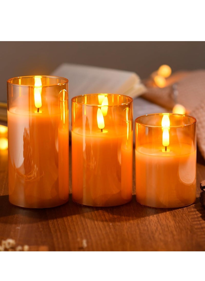 JAJEEK - LED Glass Pillar Candles Flameless – Real Wax with Flickering Wick, Battery Operated, Remote Control & Timer for Home Decor, Weddings, Festivals (Pack of 3), Gold - Image 1