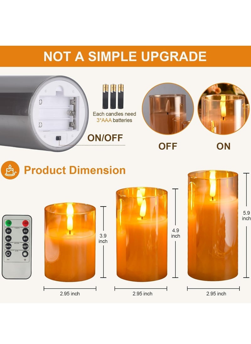 JAJEEK - LED Glass Pillar Candles Flameless – Real Wax with Flickering Wick, Battery Operated, Remote Control & Timer for Home Decor, Weddings, Festivals (Pack of 3), Gold - Image 1