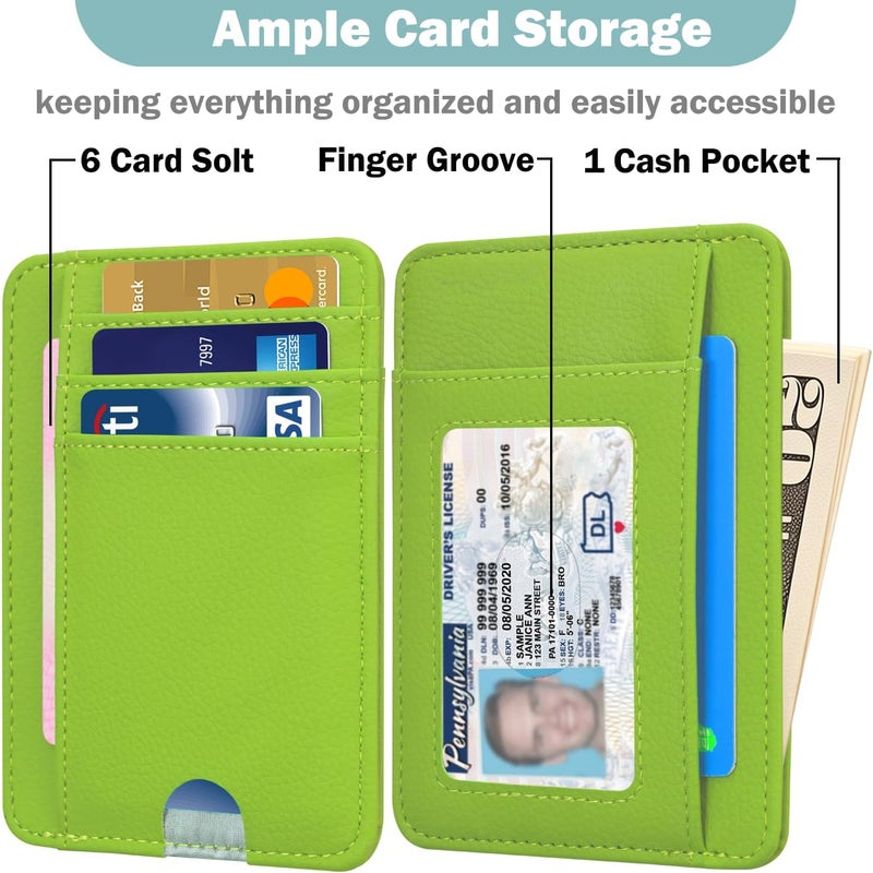 Hot Cool Slim Wallet for Men, Minimalist Front Pocket Simple Leather Credit Card Holder RFID Blocking for Men & Women, Thin Organizer Gifts, Litchi - Apple Green - Image 2