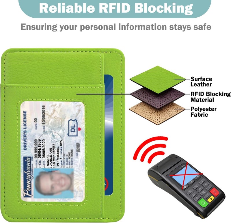 Hot Cool Slim Wallet for Men, Minimalist Front Pocket Simple Leather Credit Card Holder RFID Blocking for Men & Women, Thin Organizer Gifts, Litchi - Apple Green - Image 4