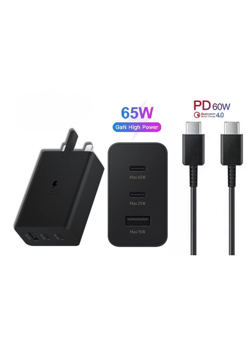 micro speed - Super Fast Charger And Cable Set PD 65W 3-Port GaN Type-C Plug QC 3.0 USB-C compatible With iPhone 14,iPad Pro, Galaxy S23 - Image 1