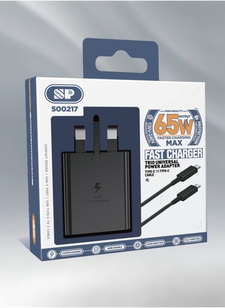 مجموعة شاحن وكابل فائق السرعة PD 65W 3-Port GaN Type-C Plug QC 3.0 USB-C متوافق مع iPhone 14 وiPad Pro وGalaxy S23